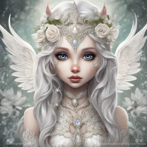 Prompt: Gorgeous intricate Fairy portrait with big eyes like Jasmine Becket Griffith, fantasy, horse, digital art, white horse, fairy, wings, rendered, artstation trending, Majestic white horse Stunning, intricate details