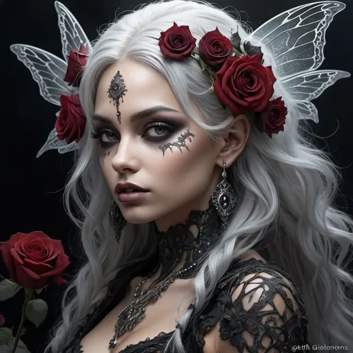 Prompt: DucHaitenNiji, mdjrny-v4 style hyper detailed beautiful dark fairy, silver hair, hyper focused, with glitter black, dead roses, bones laying haphazardly, dark colors, ominous, intricate extremely detailed fantasy intricate elegant portrait detailed face coherent face highly detailed digital painting keith garvey Diego Gisbert Llorens fantasy, hyper realistic, intricate detail, dark moody aesthetic, deep highlights and low lights, shadows, contrast