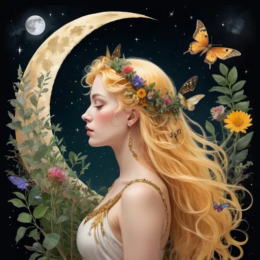 Prompt: A profile beautiful and colourful picture of Persephone with pure gold hair surrounded by plants, moths and animals framed by the moon and constilations