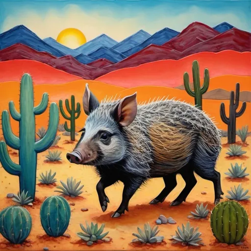 Prompt:  javelina in the desert, impasto, encaustic texture, gradient luminous inking, Maud Lewis, melissa lakey, Sandra Boynton, Ton Dubbeldam, whimsical, childlike drawing, big sky, colorful, limited detail, colorful, bold, naive painting, playful, cactus