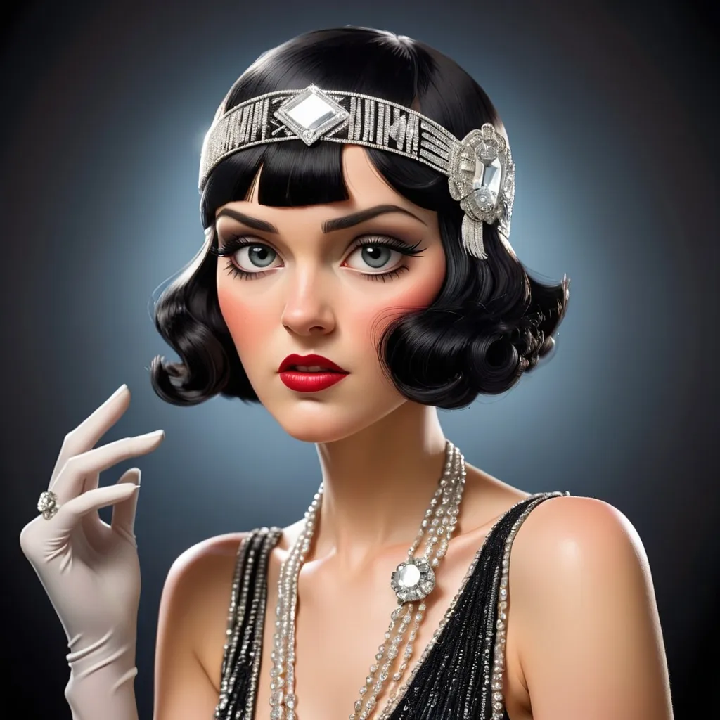 Prompt: Roaring twenties Flapper with a  diamond headpiece with black hair 