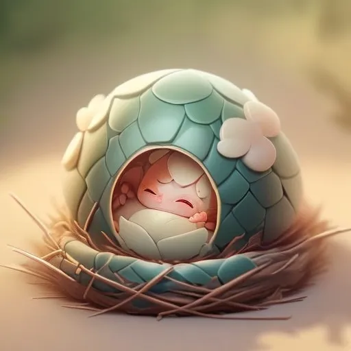 Prompt: new born, little dragon sleeping comfortable inside egg shell, warm, high quality, photo realistic, HD, 8k, homie,  cute,  morning,  nest, ranch, cute, fury, 