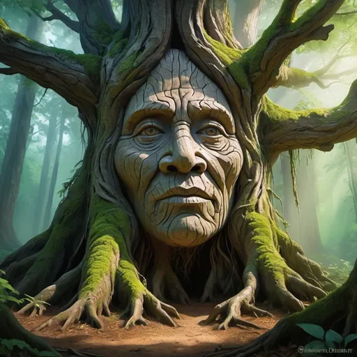 Prompt: Elder's Gaze, an ancient tree spirit with a haunting face carved into gnarled bark, rooted in the heart of a primeval forest, mist curling around its towering form, roots intertwined with history, a lush canopy filters sun rays into vibrant green patterns, lively avian ballet among branches as they take flight, encapsulating the essence of nature's eternal wisdom, immersive experience of the forest's ancient pulse, digital painting, ultra-fine detail, cinematic atmosphere.
