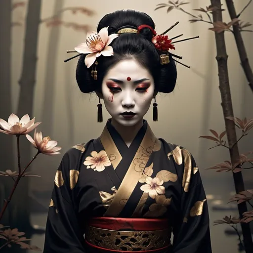 Prompt: 32k hires best quality professional photograph, Dark sci-fi rottend flowery swamp, geen mist,  tattooed geisha, blood, wilted flowers, opl, brown, balck and sepia and gold filigree, minimalism