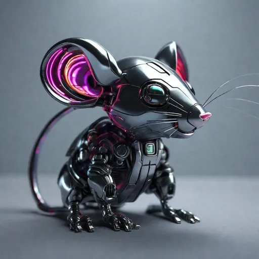 Prompt: Tiny mouse mech, metallic and sleek design, futuristic sci-fi style, intense grey and black color scheme, sparkling neon lights, miniature scale, highres, ultra-detailed, sci-fi, futuristic, metallic sheen, intense color scheme, miniature scale, neon lights, detailed design, professional, atmospheric lighting