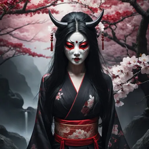 Prompt: ORIGINAL




Three Quarter Perspective Of evil Cinematic  Goddess Izanami. Long Black Hair, Serene With White Mask (No Details). Large, black Eyes Pierce Through, angry face, Traditional Red Japanese Adornments. Background: Ethereal Underworld (Mist, Cherry Blossoms. Emphasize Beauty Vs. Mask For Mystery. Detailed Lighting & Shading. Dramatic Lighting, Full Body Shot Format