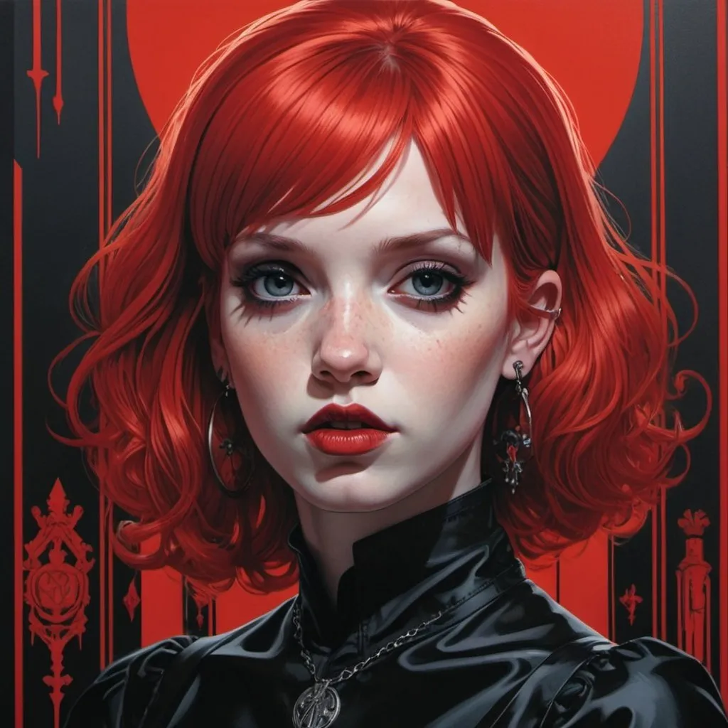 Prompt: Martin Ansin's work depicting a cute black-and-red haired goth girl, tiff