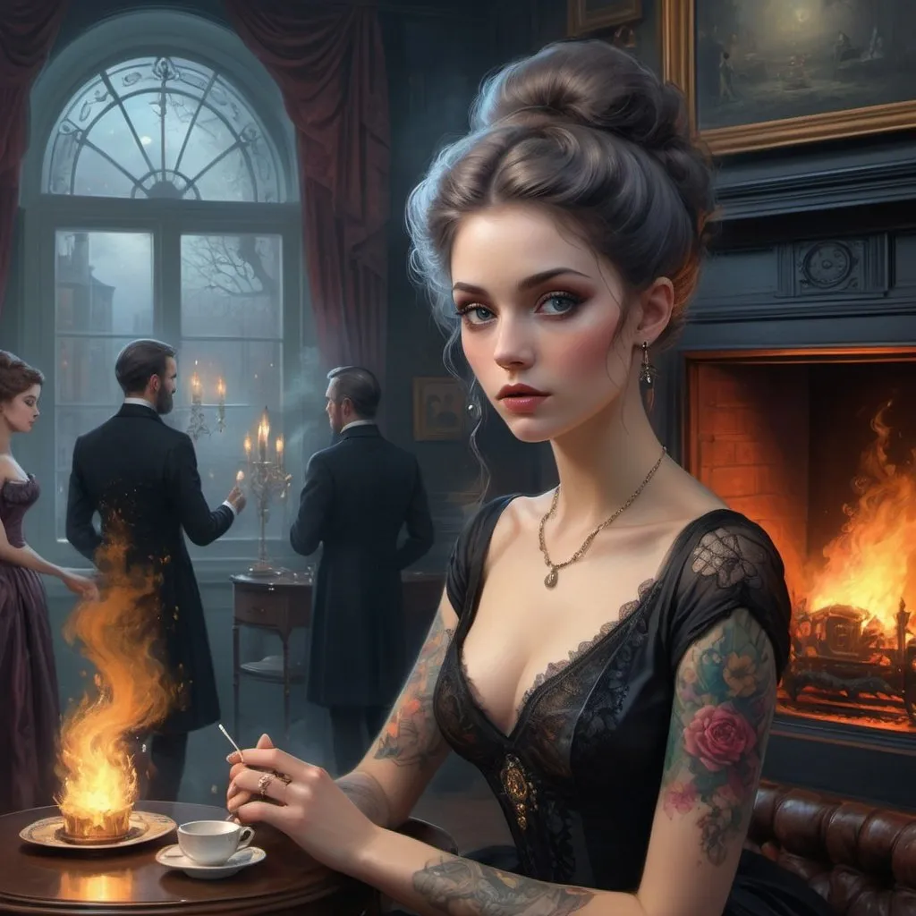 Prompt: Victorian era, tea o'clock, gentlemen and ladies around a brightly burning fireplace discussing the news, ultra detailed digital art masterpiece ,  Tom Bagshaw, Anne Bachelier, mixed with dark elements, dark environment , very dark night , clean silky fairy dress , no make up, natural face, abstract , big shiny eyes, ultra detailed atmospheric details, beautiful glowing effects , glowing sparkle effects , realistic body proportions, beautiful face proportions, complex masterpiece, wild hair style, creative glowing detailed tattoos, complex physics, enhanced colors, complimentary colors, ultra detailed raytracing reflections, Ultra detailed complex background, environment feels alive