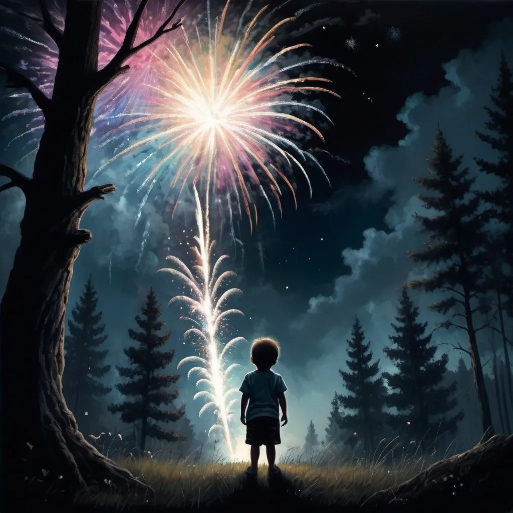 Prompt: Heavy colorful fireworks in the sky, gothic scene, moonlit night with a child clutching a teddy bear gazing apprehensively into an ominous, unlit forest, twisted tree silhouettes, large fireworks dominating the sky, contrasting sharp shadows, moon's glow casting silver tones, anticipation of the unknown, texture emphasized, chiaroscuro technique, digital painting.