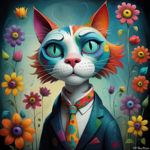 Prompt: Mr. Cat                                                                                                                                                                                                                                                                                                        
                                                                                                                                                                  
In style of Alexander Jansson, style Picasso, assured features, clean looks, expressive faces, inventiveness, originality, detailed, ambitious creation, clear and bright colors, artistic rendering, wonderful dream, cat , flowers. Retouch by pencil by Tim Burton (prompt modified by Stef)