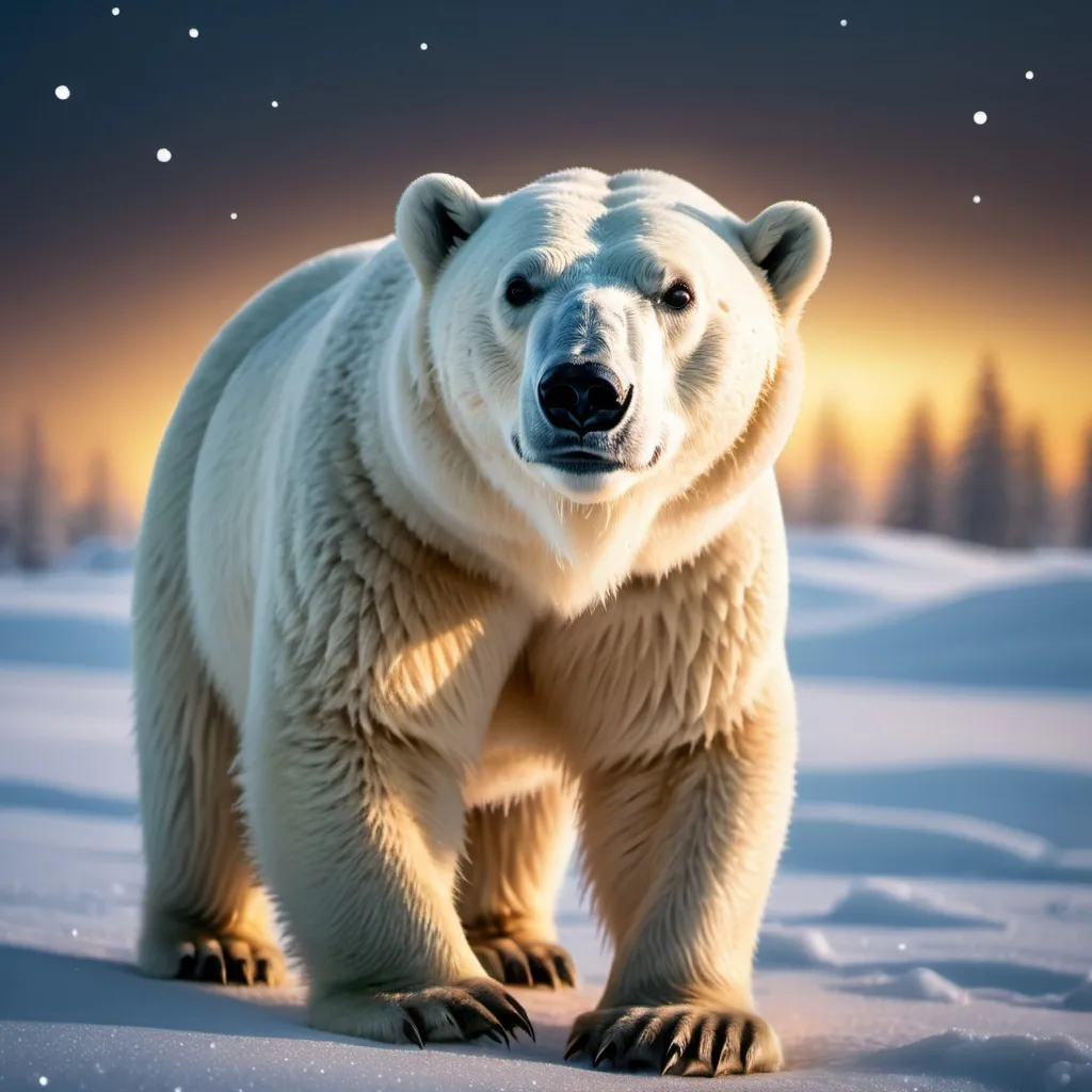 Prompt: Highly detailed of polar bear,DSLR,pretty eyes,ultra-fine detailed,masterpiece,epic, star light,north pole background,full of snow,snowfall,little bit foggy,aesthetic,ilustration,dynamic potrait,2D,golden hour,UHD,HDR,long shot,Aurora Light