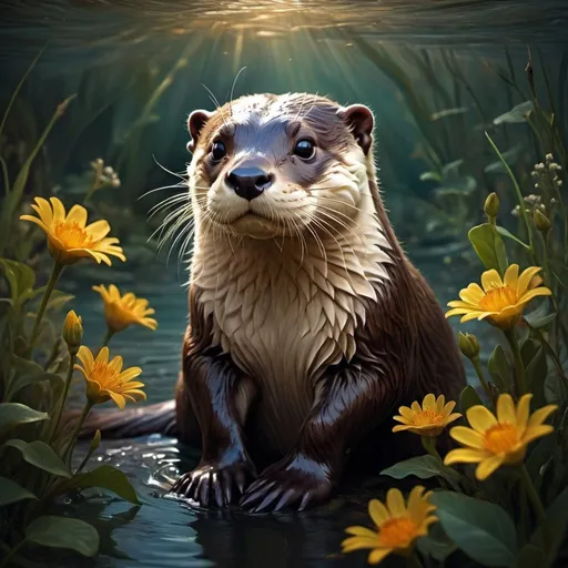Prompt: art by Phil Koch, Meghan Howland otter on a river, a cute fluffy baby otter sitting in the flowers detailed digital painting, highly detailed, intricate, clarity,  high quality fantasy with a distinct techniques to create highly detailed and Peaceful atmospheric scenes that encompass elements of mysticism and the love with an air of timelessness. dramatic lighting and elaborate textures bring depth and mood to the paintings and the subjects often appear Wonderland and ethereal with enigmatic expressions and an aura of mystery and decay. ultra highly detailed, digital painting, highly detailed, intricated, high quality art by Jessica Drossin and Tina Turner