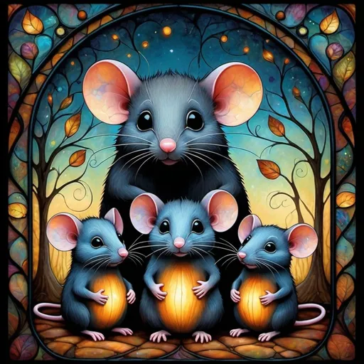 Prompt: Whimsical magic patterns, black mouse family in a portrait, captured in the playful and emotional style of Andy Kehoe blended with the fantasy charm of Ruth Thompson, embodying the warmth and joy of a Pixar cartoon with the simplicity and innocence found in naive art, enhanced with the intricate detail reminiscent of stained glass, ultra clear, digital painting.