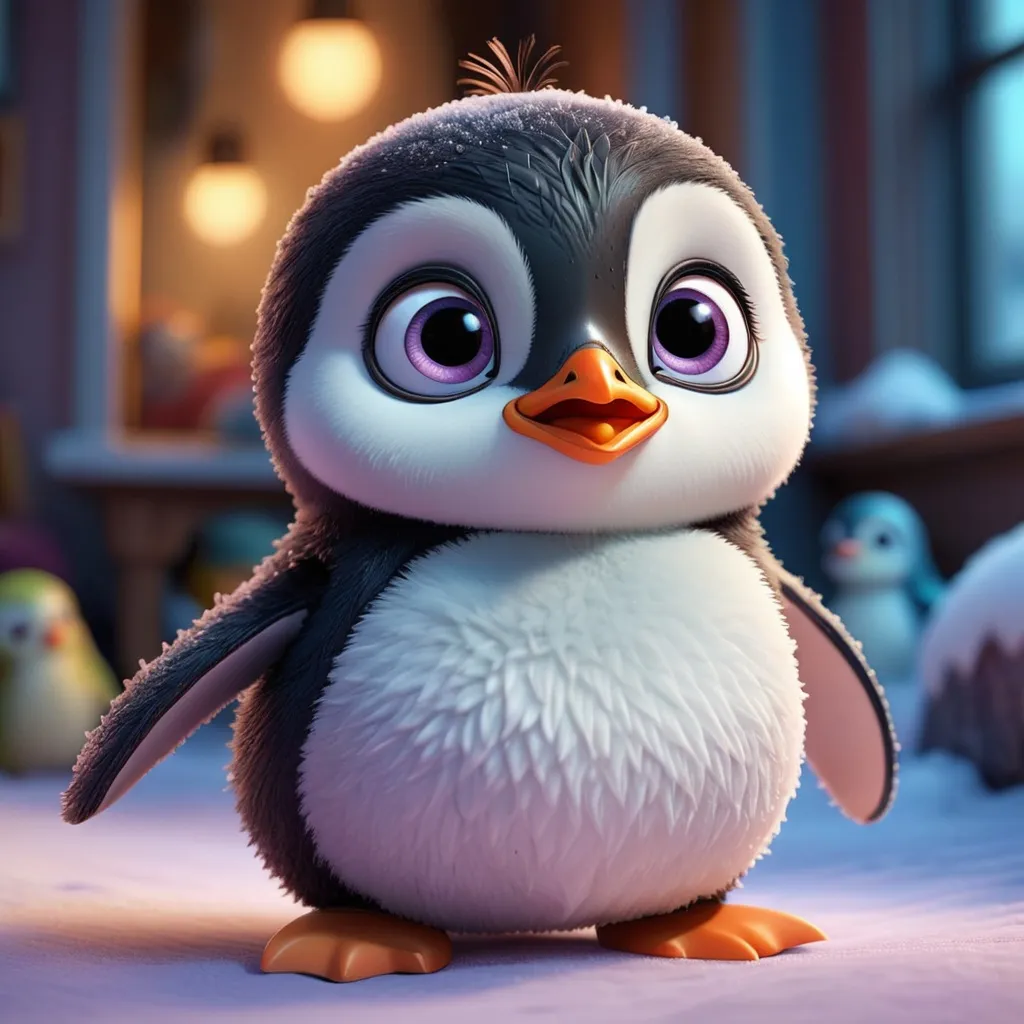 Prompt: Disney Pixar, exquisite new character, cute penguin, highly detailed, fluffy, intricate details, beautiful big eyes, maximum cuteness, lovely, adorable, beautiful, flawless, masterpiece, soft dramatic moody lighting, radiant love aura, ultra high quality octane render, hypermaximalist, trending on artstation, Anna Dittmann, Tom Blackwell