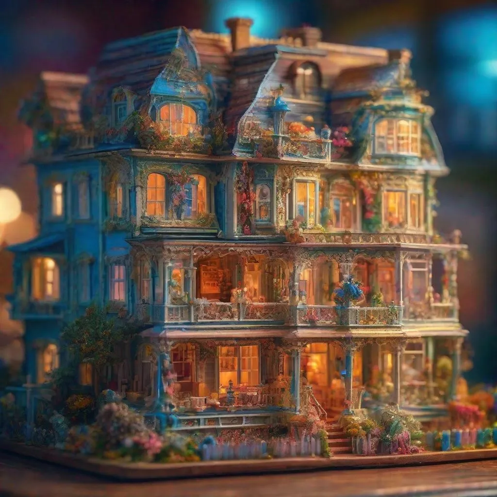 Prompt: dolls house, very intricate, ultra detailed, bright, crispy, unreal image, visionary, methaphysical, colorful, blury background,  window, night, Schim Schimmel and Andrei Sokolov style, Miki Asai Macro photography, close-up, hyper detailed, trending on artstation, sharp focus, studio photo, intricate details, highly detailed, by greg rutkowski