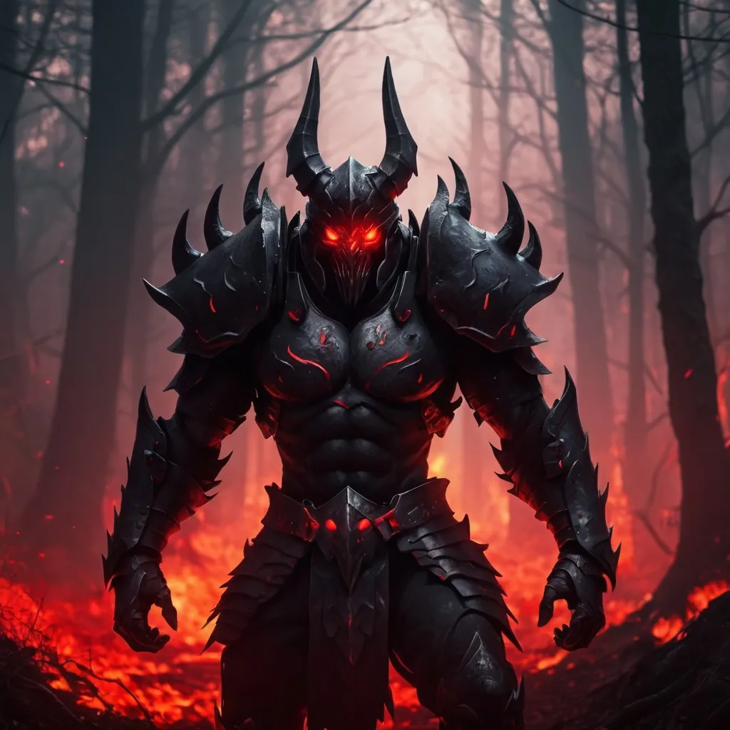 Prompt: Berserker, Rage, Black Armor, glowing red eyes, walking towards viewer, fire background, dark crimson forest