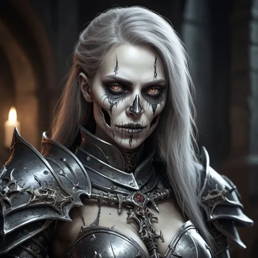 Prompt: Create a highly detailed AI defined image of a highly detailed medieval undead fantasy female death knight character in a fictional fantasy realm.