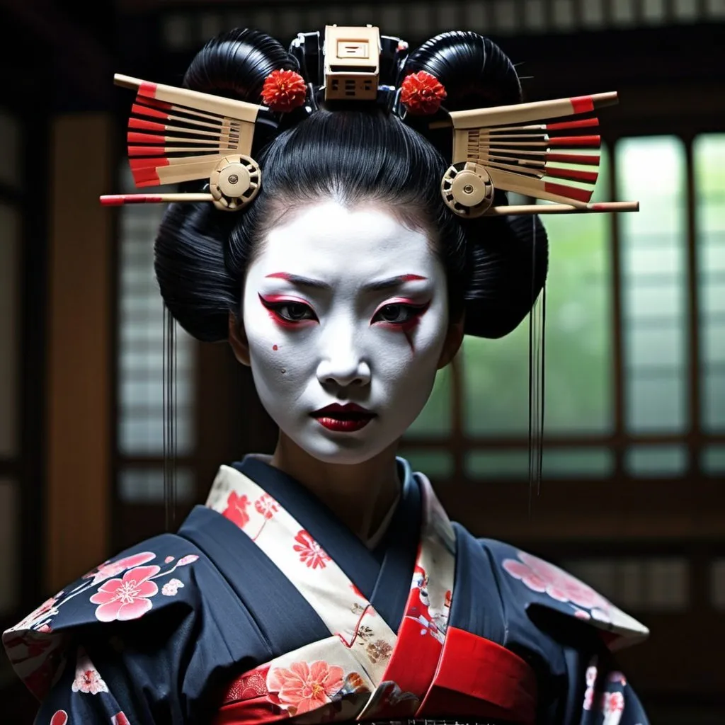 Prompt: Geisha Cyborg Scary Horror