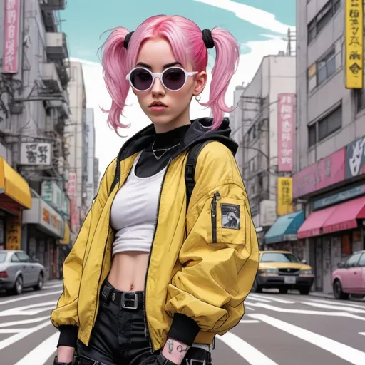 Prompt: illustration of a young woman with pink hair in two pigtails, comic style ((tokyo ghost, sean murphy)), oval shaped sunglasses ((white framed)), puffy oversized yellow jacket, pastel goth, black combat boots, dynamic pose, detailed, stylized, 3d urban background