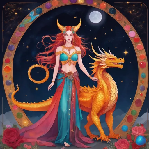 Prompt: A colourful and beautiful Persephone, she is a dragon woman, with scales for skin, horns and gold and gems for hair with a dragon tail, in a painted style. Standing with her is a Griffin. Framed by constellations and the moon