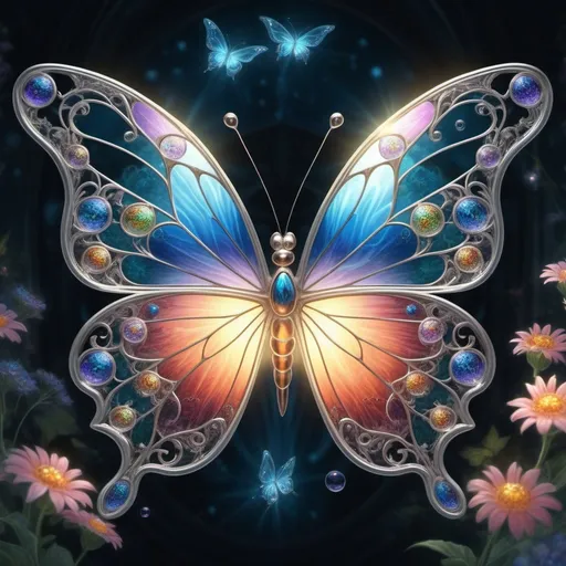 Prompt: a luminous transparent stained glass butterfly, flowers, bubbles, extreme detail, 4k, ultra hd, fantasy art, fractal art, digital painting, radiant, hyper-detailed