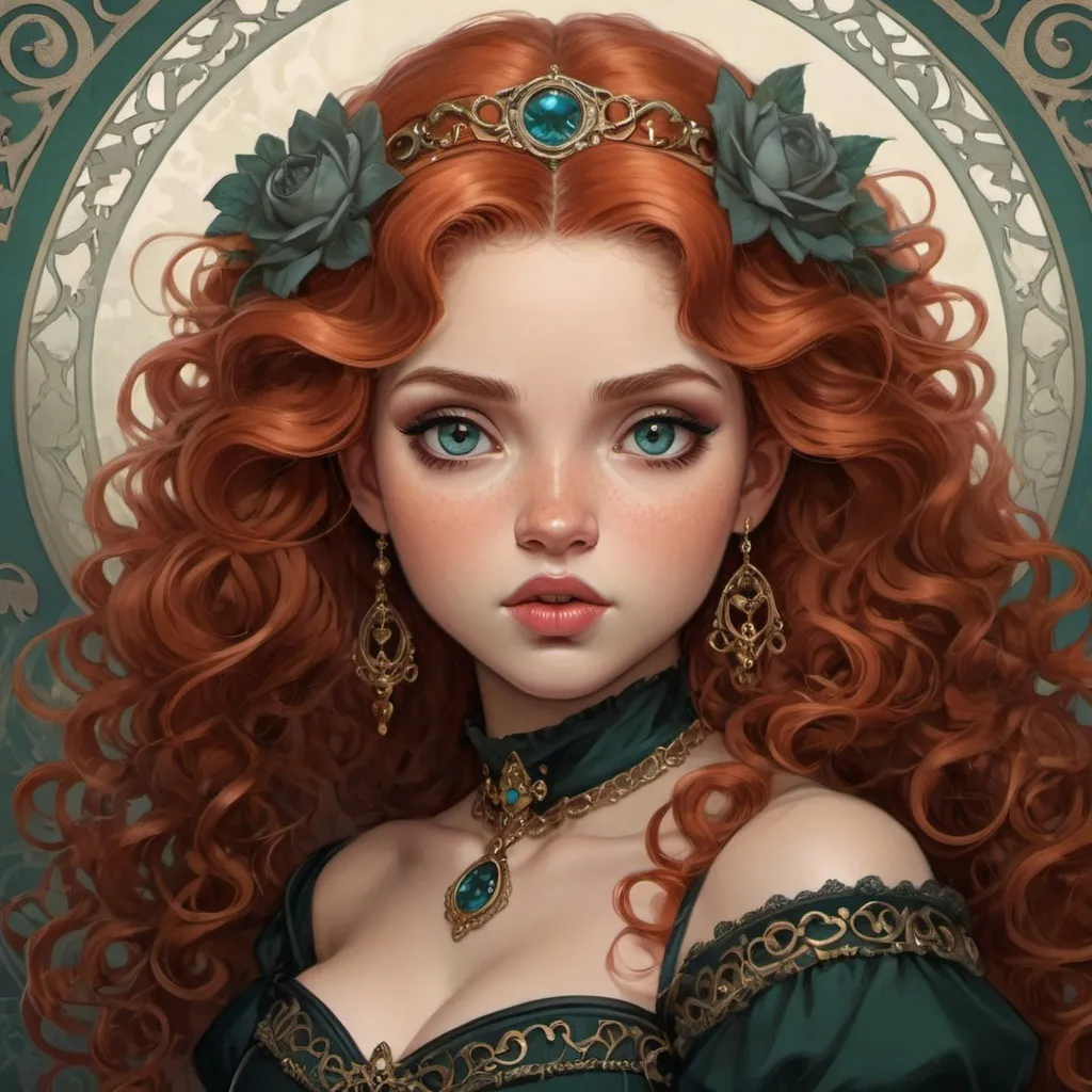 Prompt: a modern gothic lolita version of Princess Merida, face, fantasy, intricate, elegant, highly detailed, digital painting, artstation, concept art, smooth, sharp focus, illustration, art by Gerald Brom and Jasmine Becket-Griffith and Fernanda Suarez and alphonse mucha