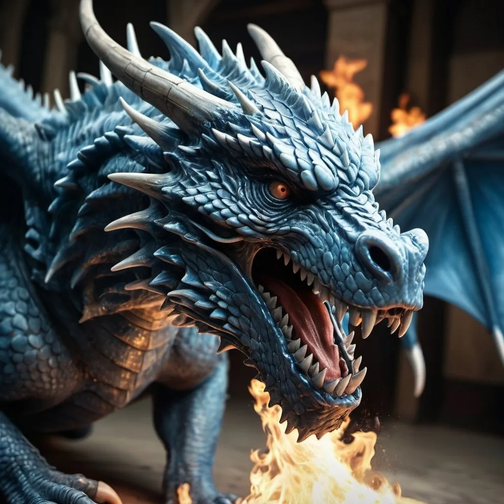 Prompt: close up fisheye view of a game of thrones style blue  battle Dragon, breathing flames, cinematic, dusty cobwebs, grunge, hyper realistic, fine art museum quality digital illustration, vivid color