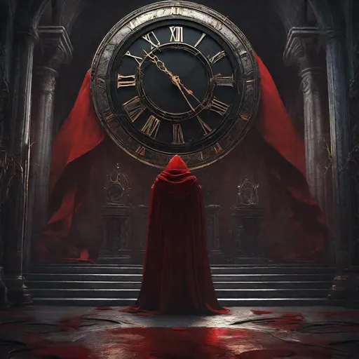 Prompt: A dark guardian of the chapel in a blood-red cloak stands before the great, ancient clock, maintaining the integrity of the time loop itself. Dark fantasy, dark art, dark, red, black, digital art, trending on artstation, 4 k, highly detailed, sharp focus,