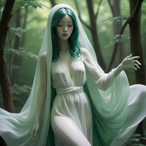 Prompt: forest green, white Poltergeist ghostly figure, silouet plastic, slumped/draped, xiaofei yue, hurufiyya, in the style of ethereal calm and serene beauty, mysterious beauty, wrappedbio-art, Artgerm 