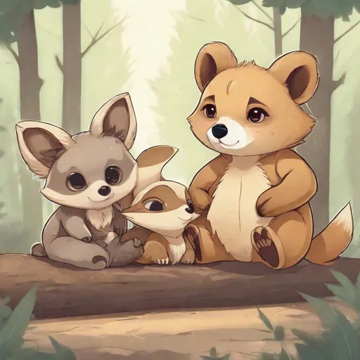 Prompt: anime style, cute, a bear cub with a fennec fox and a raccoon all sat together