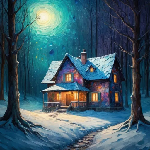Prompt: An incredibly winter mystical landscape about a lonely mysterious house in a night forest on a moonlit night and a little girl in front of it, in the style of an original painting that organically combines the styles of Gustav Klimt, Van Gogh and Edvard Munch, but also adds its original contribution to the style. Interesting well-chosen and well-combined colors, high clarity and contrast of the picture fragments, oil painting, heavy brush strokes, imitation of handwork, a masterpiece of painting, Broken Glass effect, no background, stunning, something that even doesn't exist, mythical being, energy, molecular, textures, iridescent and luminescent scales, breathtaking beauty, pure perfection, divine presence, unforgettable, impressive, breathtaking beauty, Volumetric light, auras, rays, vivid colors reflects, Broken Glass effect, no background, stunning, something that even doesn't exist, mythical being, energy, molecular, textures, iridescent and luminescent scales, breathtaking beauty, pure perfection, divine presence, unforgettable, impressive, breathtaking beauty, Volumetric light, auras, rays, vivid colors reflects