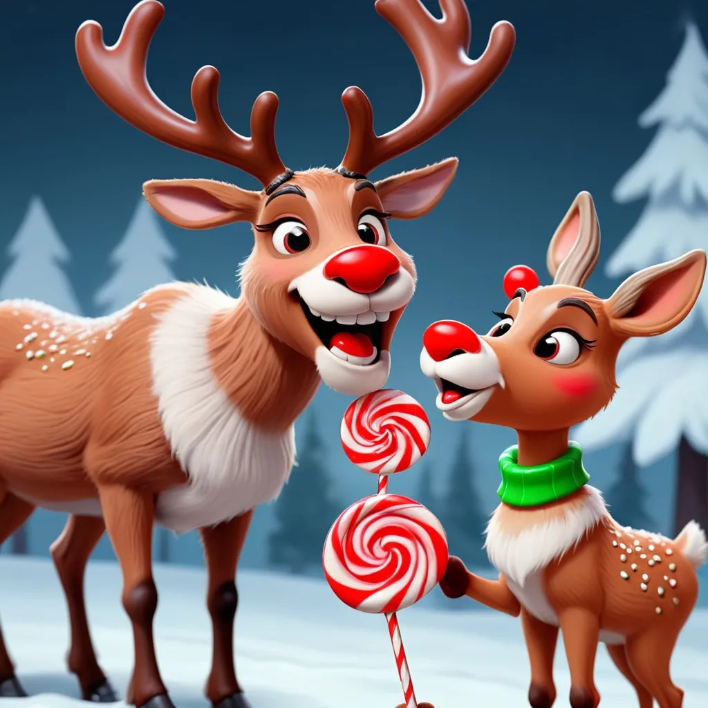 Prompt: Rudolph the Red-Nosed Reindeer eating candy together
  digital illustration