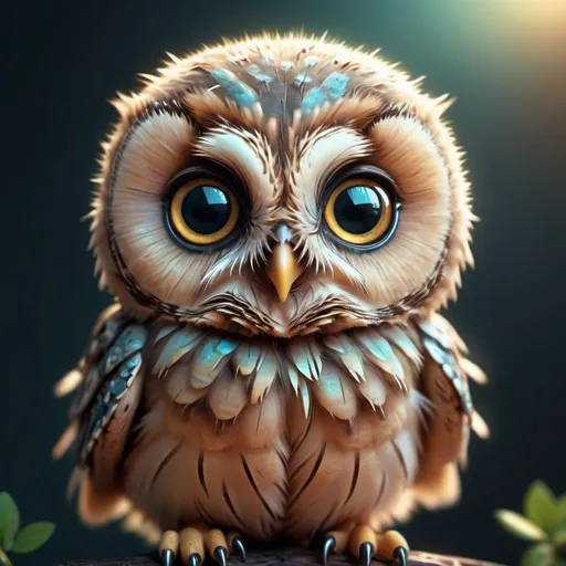 Prompt: Cute baby owl with its head tilted looking at you sideways like you are weird. Microscopic ameba ethereal Epic cinematic brilliant stunning intricate meticulously detailed dramatic atmospheric maximalist digital matte painting, translucent glowing soft iridescent, Hyperrealistic, splash art, concept art, mid shot, intricately detailed, color depth, dramatic, 2/3 face angle, side light, colorful background