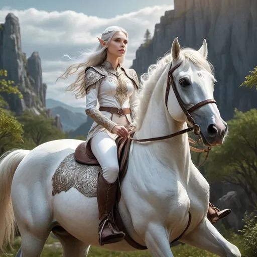 Prompt: Elf princess on a majestic white horse, breathtaking view, realistic,, ultra hd, realistic, vivid colors, highly detailed, UHD drawing, pen and ink, perfect composition, beautiful detailed intricate insanely detailed octane render trending on artstation, 8k artistic photography, photorealistic concept art, soft natural volumetric cinematic perfect light