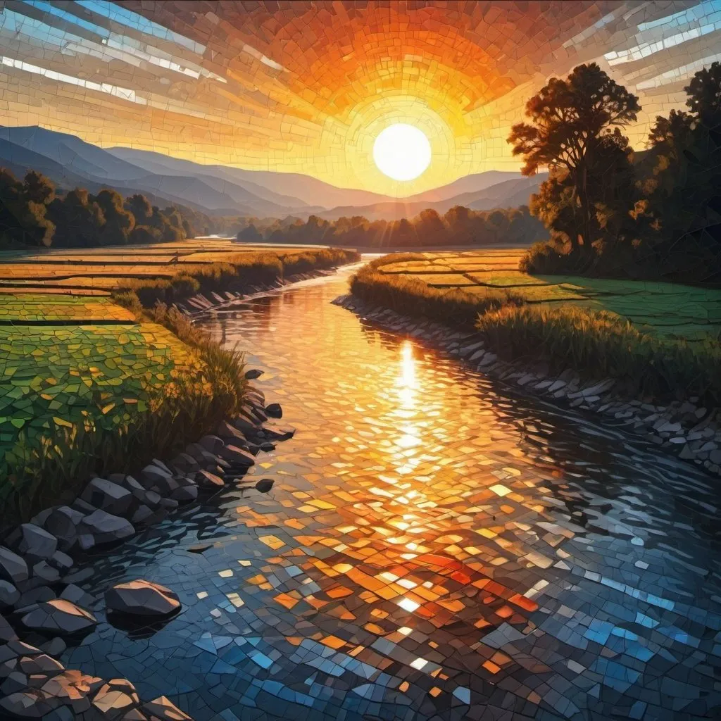 Prompt: A stunningly beautiful, incredibly cinematic, sharp, breathtaking, stunningly illustrated, mosaic digital painting of a landscape of the sun rising over a river