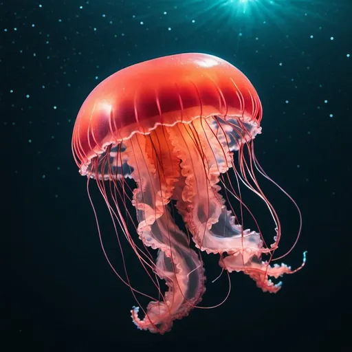 Prompt: a jellyfish in the ocean at night with stars in the background, in the style of dark cyan and light crimson, analog photography, aerial photography, unmodulated color, light red and dark aquamarine, explosive wildlife, made of wire --ar 85:128 --v 5.2. --ar 85:128 --v 5.2