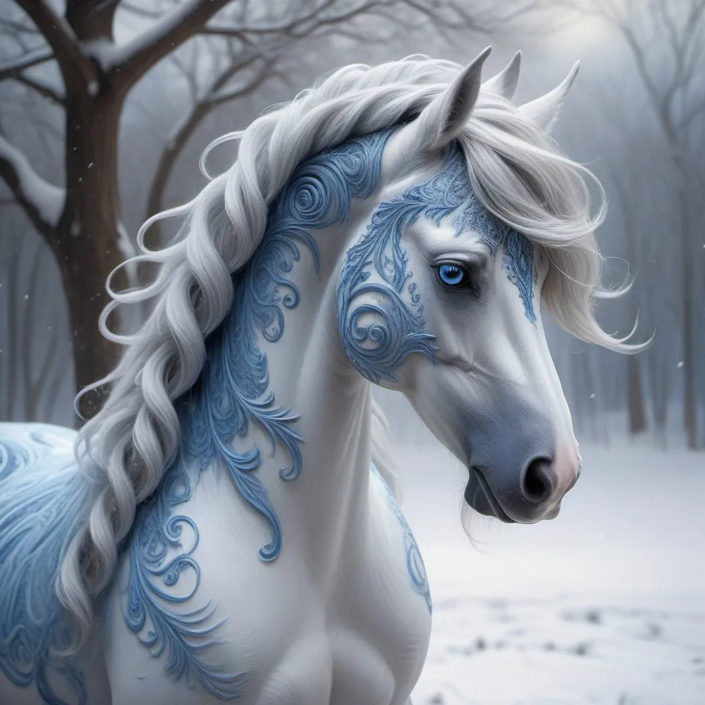 Prompt: art by  Phil Koch,Meghan Howland

"painting of a fantasy fairy horse in a snowstorm, ornate ears, piercing blue eyes, swirling grey and blue fur, beautiful wavy mane, ornate patterns, intricate details, front view head and shoulders portrait, 4k, white background, Unreal Engine, Artstation"



luminism, ultra  highly detailed, 32 k, 
Fantastic Realism complex background, dynamic lighting, lights, digital painting, intricated pose, highly detailed intricated,