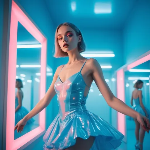 Prompt: another chalcedony balletcore haute couture fashion shoot that is dripping with bright colored lights, carbonated themed, in the style of y2k aesthetic, YlnMn blue, psychedelic surreal minimalism, i can't believe how beautiful this is, snapshot aesthetic, luminous skies, mirrored, Fuji film eterna vivid, Zeiss lens, Canon EOS R7 