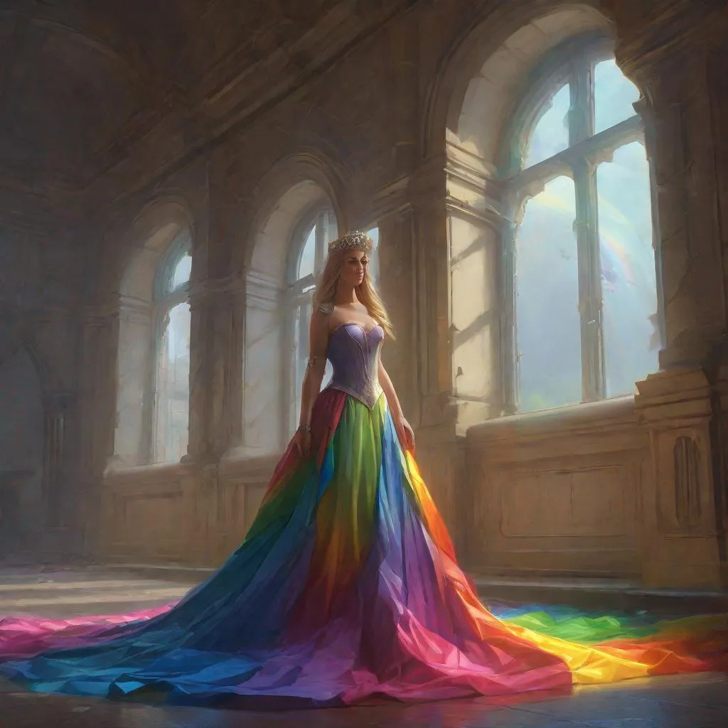 Prompt: Princess, wearing wide rainbow dress, in a castle, ultra realistic, realistic lighting, lot of light , professional ominous concept art, by artgerm and greg rutkowski, an intricate, elegant, highly detailed digital painting, concept art, smooth, sharp focus, illustration, in the style of simon stalenhag, wayne barlowe, and igor kieryluk.