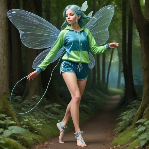 Prompt: a fairy wearing corded blue/green jogging top,

, fantasy, unrealistic, full length, full shot, show feet, show legs, include feet, include legs, taken from a long distance so can see the subject in context, seriously I want to see the whole subject and not just a part,