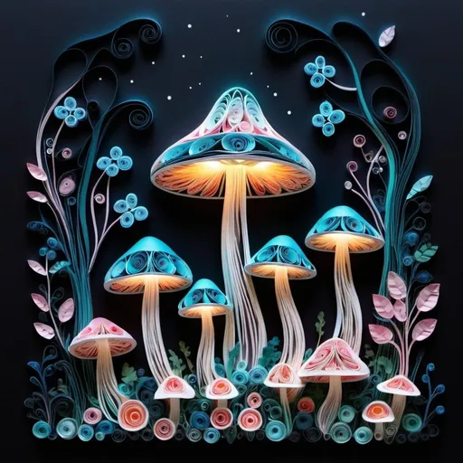 Prompt: Quilled paper art of a bioluminescent enchanted mushrooms forest in wonderand by night. with pastel colours by Yulia Brodskaya