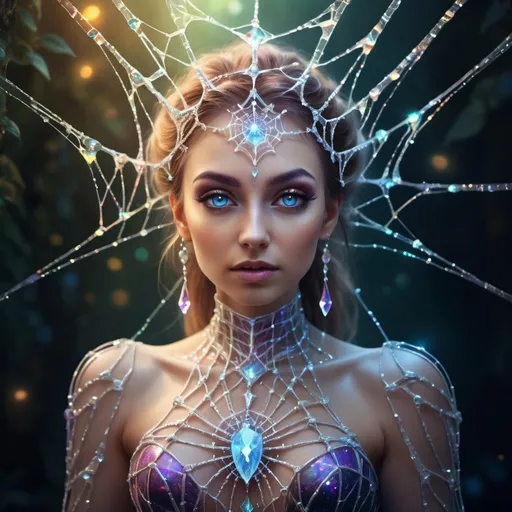 Prompt: Fantasy crystal spider goddess , shining iridescent exoskeleton, dressed in an intricate web of translucent crystals, magical glowing eyes, enchanting and mysterious atmosphere, high quality, fantasy style, vibrant colors, ethereal lighting