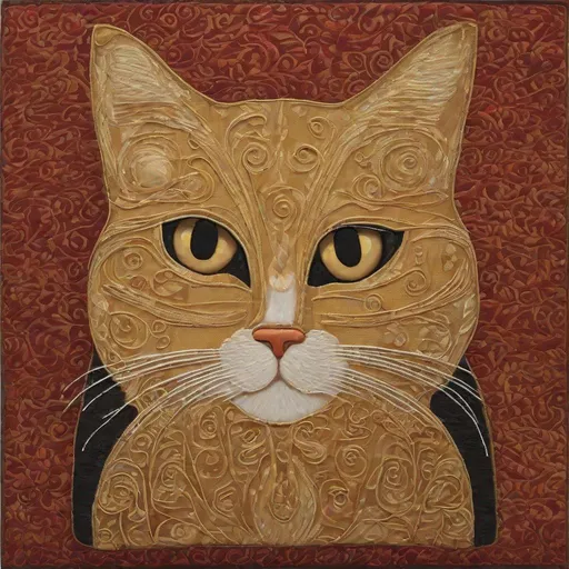 Prompt: Gustav Klimt style. A portrait of a beautiful gold-colored cat with large, detailed and focused honey-colored eyes, sitting looking at the camera sitting on a highly embroidered red cushion and all in the style of Gustav Klimt.
