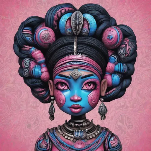 Prompt: Tribal Series,  Pink and blue happy figurine woman with black braided hair, big  sharp eyes, intricate details.