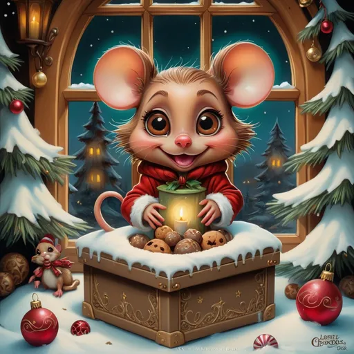 Prompt: art by Cheryl Griesbach and jasmine becket griffith, detailed painting, wide shot, cute christmas brown Diddl Mouse with big eyes, christmas trees in the snow with a cozy warm feel with a old rost christmas box chocolade, cookies,balls, boots on smile, digital art, Jean-Baptiste Monge style, bright, beautiful, splash, 
Glittering, cute and adorable, filigree, rim brown skin, greenery, 
intricately decorated. night, moon, table, candles. window, 
kitchen, tiny ghosts, tiny ghosts, Craola, Dan Mumford, Andy Kehoe, 2d, flat, cute, adorable, vintage, art on a cracked paper, 
fairytale, storybook detailed illustration, cinematic, ultra highly detailed, tiny details, beautiful details, mystical, luminism, vibrant colors, Mysteriou