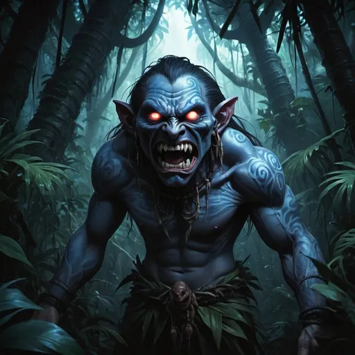 Prompt: Fantasy illustration of a bunch of evil homunculi, polynesian look, otherwordly appearance, pointed teeth and glowing eyes, glowing blue eyes, subliminal pexpression,dark and eerie lighting, high quality, rpg-fantasy, detailed, entire body, in a tropical forest 