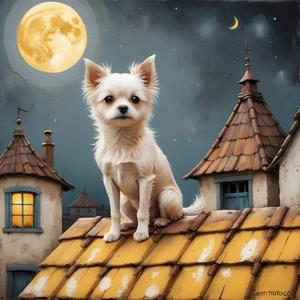 Prompt: Cute small dog sitting on the roof of an old village, yellow moon in the background, oil painting, cute cartoon style, brush strokes, cute artwork, folk art, oil paint splashes and sparks, by Sam Toft and Nicoletta Ceccoli, soft colors