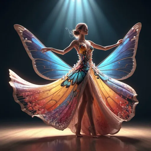 Prompt: A 3d rendering of a women is dancing with a long butterfly dress with 4k resolution, Surreal, Gsociety, whimsical, mesmerizing, Details art, concept art, fantasy art, volumetric light