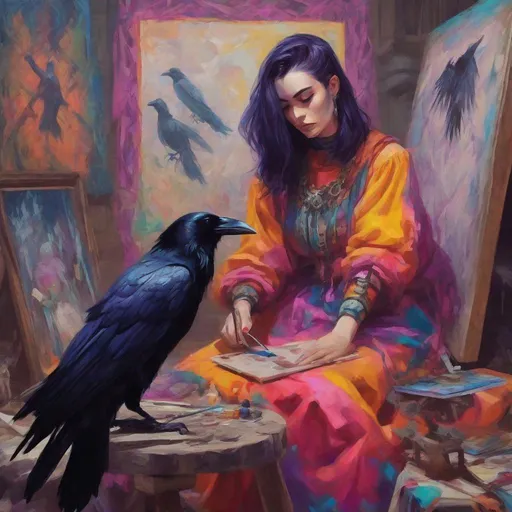 Prompt: Dungeon synth aesthetic, a beautiful raven in colorful clothes, painting a lovely picture on a canvas, indoor, daytime