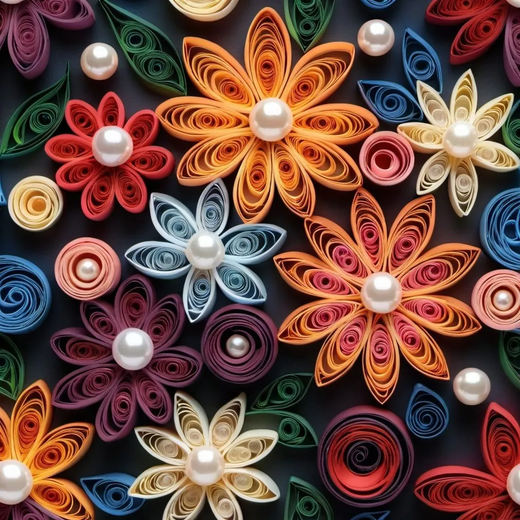 Prompt: quilling seamless flowers and pearls, complementary colors, ultra realistic, 8k,  trending on artstation, sharp focus, studio photo, intricate details, highly detailed, small flowers, dark background, front view

